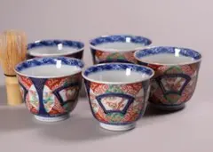 江戸後期 古伊万里 色絵金瓢箪文輪花形向付 五客 ○×高台 小鉢 蕎麦