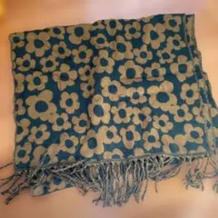 花柄ストール 青とベージュ フリンジ付き