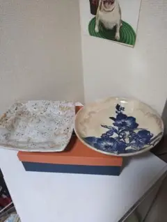 陶芸家の作品 ２点セット 角大皿29cm 丸皿貫入椿 31cm