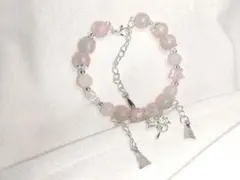 ピンク系ビーズ リボンチャーム ブレスレット