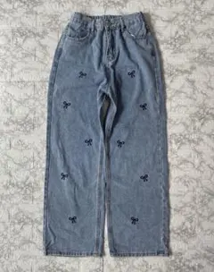 Y2K 00s リボン刺繍 ワイドデニムパンツ ライトブルー L 平成ギャル