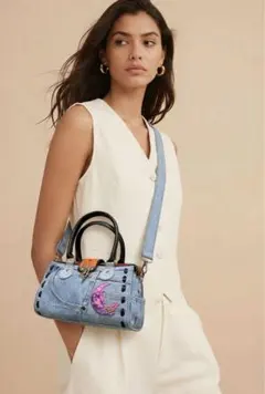 デニムとカービングのハンドメイド2wayバッグ　未使用リメイク品