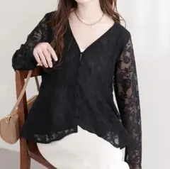 natural couture メッシュレースペプラムブラウス ブラック