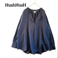 【ハッシュアッシュ】　チュニック　スキッパーシャツ　ゆったり　長袖　ネイビー　M