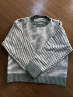 ikkaグレーと緑のストライプ 長袖セーター L