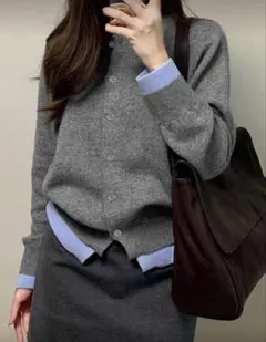 グレー ニットカーディガン 長袖 ボタン付き