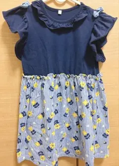 フリル袖 ネイビー 花柄ワンピース 紺色130cm