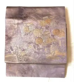 名古屋帯　ライラック色　花柄刺繍　正絹　金糸　銀糸のサムネイル