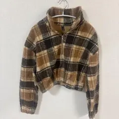 ZAFUL【S】チェック柄 フリース素材 ハイネック ハーフジップ ショート丈