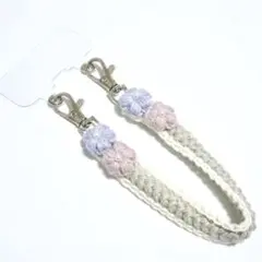 スマホ ハンドストラップ 手編み 花モチーフ グレー かぎ針編み