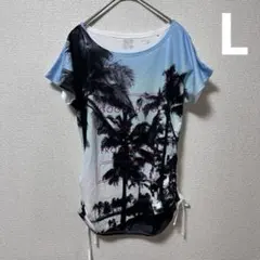 【&life】ドルマン 半袖Tシャツ ヤシの木柄 総柄 白×ブルー L 運動着のサムネイル