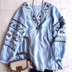 サイラス エンブロイダリー長袖シャツブラウス F ブルー 定価1.7万円 刺繍
