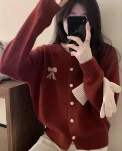 SHEIN リボン刺繍入り 赤 ニットカーディガン