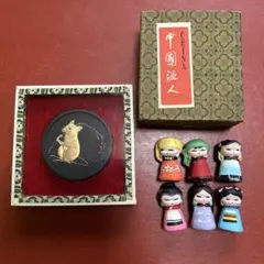 ★中国徽墨 老胡開文製 鼠の絵柄 墨と中国土産の陶器人形セット★