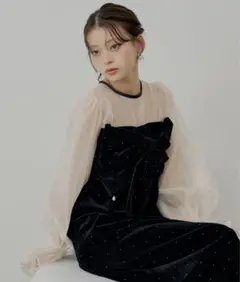 Chico 配色シアーリボンベロアワンピース