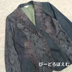 M-L】フリルノーカラーデニムジャケット レース ストレッチ Gジャン 