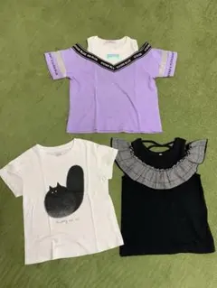 黒ネコイラストUT,肩だしTシャツ2種120 3点セット