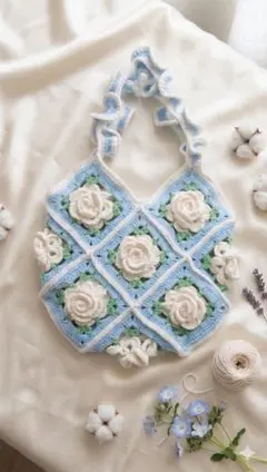 【モチーフ編みバッグ】白 バラ