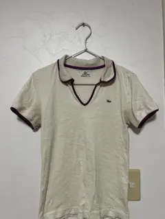 LACOSTE Vネックポロシャツ 42 ホワイト/パープル　レディースM