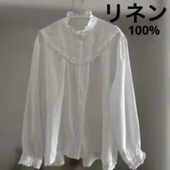 コットンハウスアヤ　フリルカラーブラウス　シャツ　ネイビー　リネン　麻　M コットンハウスアヤ フリルカラーブラウス シャツ ネイビー リネン 麻