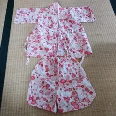 ハローキティ　ピンク花柄 甚平上下セット 110cm