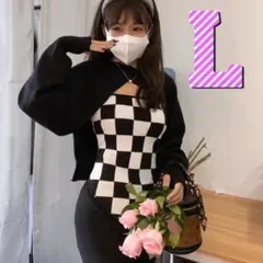 ギンガムチェック ニット ２way 黒 白 韓国 モノトーン キャミソール 綺麗