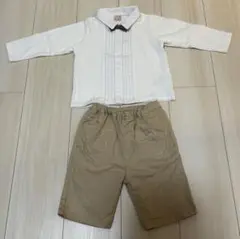 【petit main 2点セット】ミッキーマウス刺繍付パンツ、リボン付きシャツ