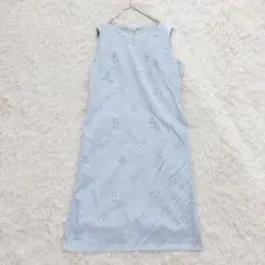 ノースリーブワンピース 膝丈 ドレス 花刺繍 パーティー スカイブルー L