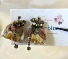 ゆらりチェーン✳︎インド刺繍✳︎ピアス✳︎khaki yellow✳︎ハンドメイド