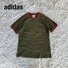 銀タグアディダスadidasリンガーTシャツ　カーキ×オレンジ