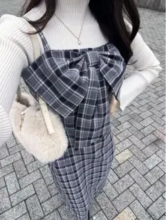 GRL チェック柄フロントリボンロングワンピース[ta183 サイズL