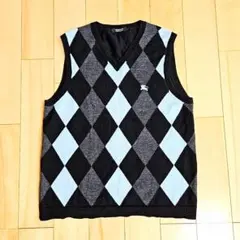 バーバリーブラックレーベル　黒基調アーガイル柄ニットベスト﻿　イタリア製ウール