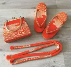 七五三 子供用 和装小物 3点セット 草履21cm 朱色 花柄 レトロ 女の子