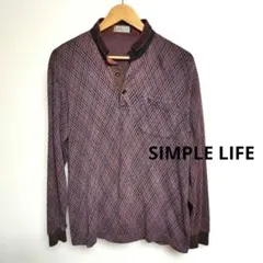 シンプルライフ 長袖ポロシャツ L チェック柄 エンジ色 黒 ブラウン