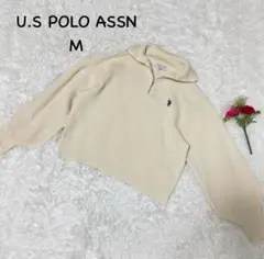 ユーエスポロアッスン【M】ニットセーター　ハフジップ　ロゴ刺繍　リブニット
