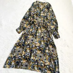 フラワープリント ロングシャツワンピース ベルト タッセル L ゆったり 洗える