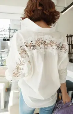 新品Ⅿ★背中刺繍レース切替★こなれ感お洒落な大人可愛い長袖シャツ♪白M