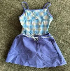 ブルー　チェックワンピース　別スカート付き　水着 女の子用140センチ