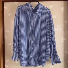 H&M リネンブレンド長袖シャツ　ブラウス　ストライプ　白×青　Lのサムネイル