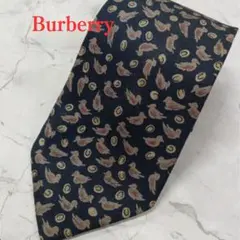 バーバリー　ネクタイ　紺　鳥柄　楕円模様　シルク100%　総柄【n1899】