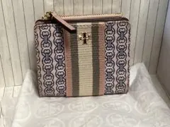 未使用美品トリバーチピンク系 ストライプ 二つ折り財布本物