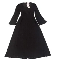 新品タグ付き　黒　ワンピース　フレアスリーブ　リボン　Aライン　結婚式　衣装