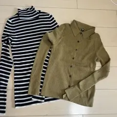 UNIQLO オリーブ色 メリノウールリブ編みカーディガン、ボーダーニット