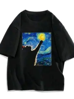 猫と星空デザインのブラックTシャツ　ブラック　おもしろTシャツ　ねこT　面白　L