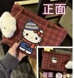 ハローキティ チェック柄ポーチ赤色