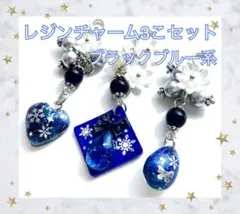 レジンチャーム 3こセット No03 花 氷 雫 雪 リボン 蝶 ブラックブルー
