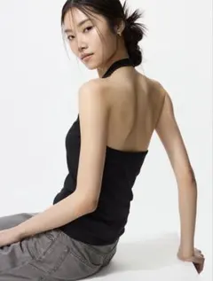 ユニクロ　エアリズムコットンオープンバックホルターブラトップ　ブラックL
