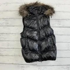 GAP ダウンベスト S 黒 ファー付 防寒 秋冬 通勤 40周年 フェザー