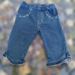 moujonjon デニムパンツ フリル 花柄刺繍