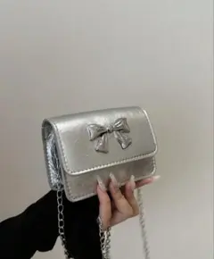 シルバー リボン付きミニショルダーバッグ